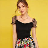 SHEIN Frill Mesh Sleeve Ruched Front Tee 2019 Elegant