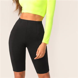 SHEIN Black Solid High Waist Solid Cycling Athleisure Crop Fitness Short Leggings Women Summer Ladies Basics Workout Leggings