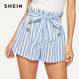 SHEIN Blue or Green Paper-bag Pleated Waist Buttoned Belt Knot Striped Shorts Women Summer Highstreet Preppy Casual Mini Shorts